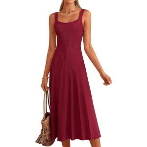 imagePRETTYGARDEN Spring Dresses for Women 2026 Summer Casual Sleeveless Square Neck A Line Knit Pleated Midi Cocktail Party DressBurgundy