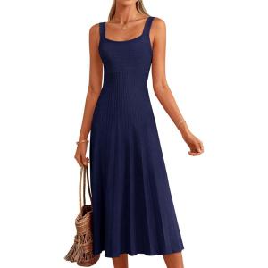 imagePRETTYGARDEN Spring Dresses for Women 2026 Summer Casual Sleeveless Square Neck A Line Knit Pleated Midi Cocktail Party DressNavy Blue