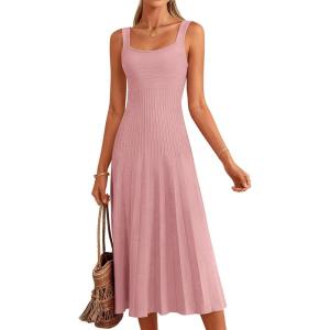 imagePRETTYGARDEN Spring Dresses for Women 2026 Summer Casual Sleeveless Square Neck A Line Knit Pleated Midi Cocktail Party DressPink