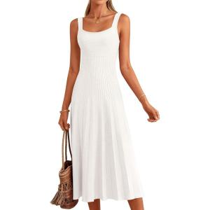 imagePRETTYGARDEN Spring Dresses for Women 2026 Summer Casual Sleeveless Square Neck A Line Knit Pleated Midi Cocktail Party DressWhite