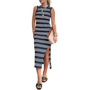 imagePRETTYGARDEN Summer Dresses for Women 2026 Casual Sleeveless Hollow Out Knit Side Slit Striped Beach Vacation Midi DressStriped Navy White