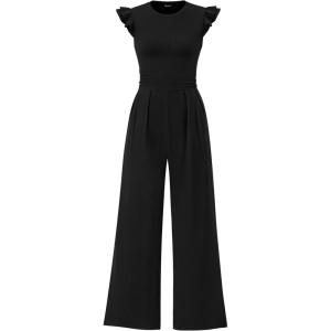 imagePRETTYGARDEN Summer Jumpsuits for Women Dressy 2026 Fashion Ruffle Cap Sleeve Romper Crew Neck Rib Knit One Piece OutfitsBlack