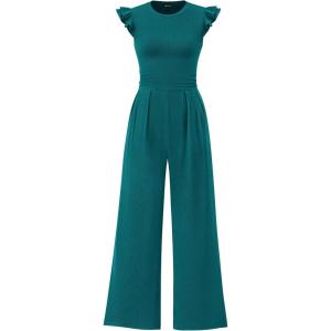 imagePRETTYGARDEN Summer Jumpsuits for Women Dressy 2026 Fashion Ruffle Cap Sleeve Romper Crew Neck Rib Knit One Piece OutfitsBlue Green