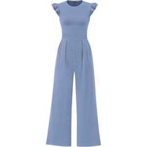 imagePRETTYGARDEN Summer Jumpsuits for Women Dressy 2026 Fashion Ruffle Cap Sleeve Romper Crew Neck Rib Knit One Piece OutfitsBlue Grey