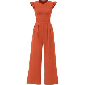 imagePRETTYGARDEN Summer Jumpsuits for Women Dressy 2026 Fashion Ruffle Cap Sleeve Romper Crew Neck Rib Knit One Piece OutfitsBrick Red