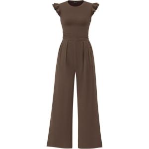 imagePRETTYGARDEN Summer Jumpsuits for Women Dressy 2026 Fashion Ruffle Cap Sleeve Romper Crew Neck Rib Knit One Piece OutfitsDark Brown