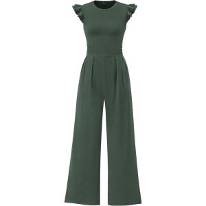 imagePRETTYGARDEN Summer Jumpsuits for Women Dressy 2026 Fashion Ruffle Cap Sleeve Romper Crew Neck Rib Knit One Piece OutfitsDark Green