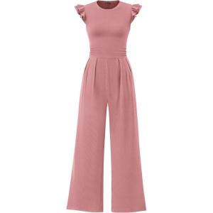 imagePRETTYGARDEN Summer Jumpsuits for Women Dressy 2026 Fashion Ruffle Cap Sleeve Romper Crew Neck Rib Knit One Piece OutfitsDusty Pink