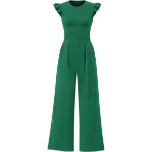 imagePRETTYGARDEN Summer Jumpsuits for Women Dressy 2026 Fashion Ruffle Cap Sleeve Romper Crew Neck Rib Knit One Piece OutfitsGreen