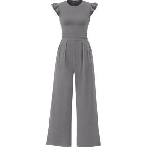 imagePRETTYGARDEN Summer Jumpsuits for Women Dressy 2026 Fashion Ruffle Cap Sleeve Romper Crew Neck Rib Knit One Piece OutfitsGrey