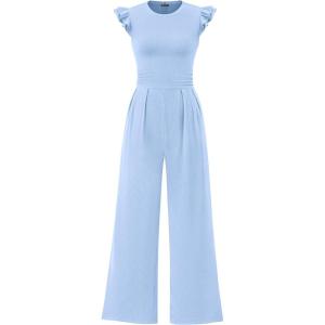 imagePRETTYGARDEN Summer Jumpsuits for Women Dressy 2026 Fashion Ruffle Cap Sleeve Romper Crew Neck Rib Knit One Piece OutfitsLight Blue