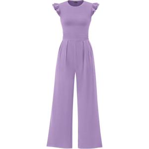 imagePRETTYGARDEN Summer Jumpsuits for Women Dressy 2026 Fashion Ruffle Cap Sleeve Romper Crew Neck Rib Knit One Piece OutfitsLight Purple