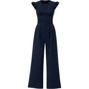 imagePRETTYGARDEN Summer Jumpsuits for Women Dressy 2026 Fashion Ruffle Cap Sleeve Romper Crew Neck Rib Knit One Piece OutfitsNavy