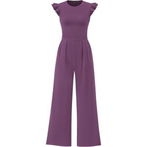 imagePRETTYGARDEN Summer Jumpsuits for Women Dressy 2026 Fashion Ruffle Cap Sleeve Romper Crew Neck Rib Knit One Piece OutfitsPurple Grey