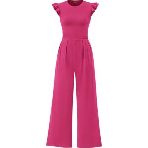imagePRETTYGARDEN Summer Jumpsuits for Women Dressy 2026 Fashion Ruffle Cap Sleeve Romper Crew Neck Rib Knit One Piece OutfitsRose Red