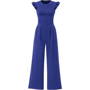 imagePRETTYGARDEN Summer Jumpsuits for Women Dressy 2026 Fashion Ruffle Cap Sleeve Romper Crew Neck Rib Knit One Piece OutfitsRoyal Blue
