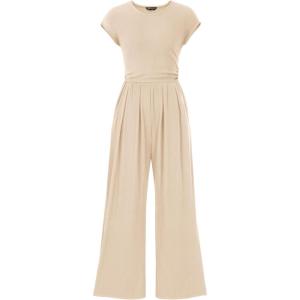 imagePRETTYGARDEN Summer Jumpsuits for Women Dressy 2026 Ribbed Cap Sleeve Wide Leg Pants Rompers Elegant Casual One Piece OutfitsApricot