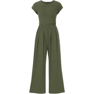 imagePRETTYGARDEN Summer Jumpsuits for Women Dressy 2026 Ribbed Cap Sleeve Wide Leg Pants Rompers Elegant Casual One Piece OutfitsArmy Green