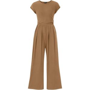 imagePRETTYGARDEN Summer Jumpsuits for Women Dressy 2026 Ribbed Cap Sleeve Wide Leg Pants Rompers Elegant Casual One Piece OutfitsCamel