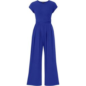imagePRETTYGARDEN Summer Jumpsuits for Women Dressy 2026 Ribbed Cap Sleeve Wide Leg Pants Rompers Elegant Casual One Piece OutfitsDeep Blue