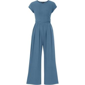 imagePRETTYGARDEN Summer Jumpsuits for Women Dressy 2026 Ribbed Cap Sleeve Wide Leg Pants Rompers Elegant Casual One Piece OutfitsGrey Blue