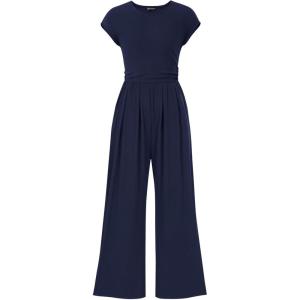imagePRETTYGARDEN Summer Jumpsuits for Women Dressy 2026 Ribbed Cap Sleeve Wide Leg Pants Rompers Elegant Casual One Piece OutfitsNavy