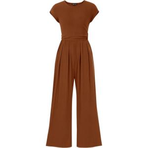 imagePRETTYGARDEN Summer Jumpsuits for Women Dressy 2026 Ribbed Cap Sleeve Wide Leg Pants Rompers Elegant Casual One Piece OutfitsRed Brown
