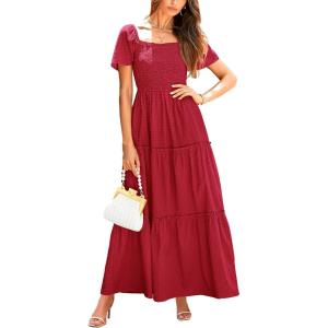 imagePRETTYGARDEN Summer Maxi Dress for Women Short Sleeve Square Neck Smocked Tiered Ruffle Long Swing Boho Dresses with Pockets RedMedium