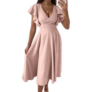 imagePRETTYGARDEN Summer Midi Dress 2026 Spring Ruffle Sleeve V Neck Cocktail Wedding Guest A Line Fit and Flared DressesApricot