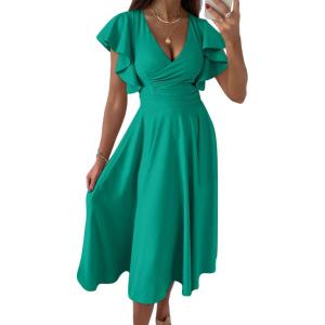 imagePRETTYGARDEN Summer Midi Dress 2026 Spring Ruffle Sleeve V Neck Cocktail Wedding Guest A Line Fit and Flared DressesBean Green