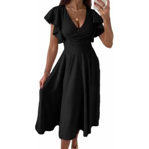 imagePRETTYGARDEN Summer Midi Dress 2026 Spring Ruffle Sleeve V Neck Cocktail Wedding Guest A Line Fit and Flared DressesBlack