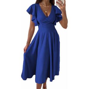 imagePRETTYGARDEN Summer Midi Dress 2026 Spring Ruffle Sleeve V Neck Cocktail Wedding Guest A Line Fit and Flared DressesBlue