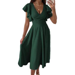 imagePRETTYGARDEN Summer Midi Dress 2026 Spring Ruffle Sleeve V Neck Cocktail Wedding Guest A Line Fit and Flared DressesDark Green