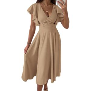 imagePRETTYGARDEN Summer Midi Dress 2026 Spring Ruffle Sleeve V Neck Cocktail Wedding Guest A Line Fit and Flared DressesKhaki