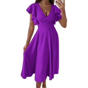 imagePRETTYGARDEN Summer Midi Dress 2026 Spring Ruffle Sleeve V Neck Cocktail Wedding Guest A Line Fit and Flared DressesPurple