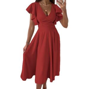 imagePRETTYGARDEN Summer Midi Dress 2026 Spring Ruffle Sleeve V Neck Cocktail Wedding Guest A Line Fit and Flared DressesRed