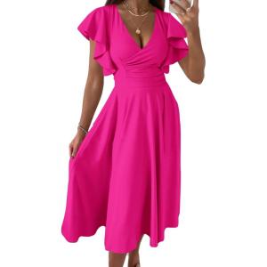 imagePRETTYGARDEN Summer Midi Dress 2026 Spring Ruffle Sleeve V Neck Cocktail Wedding Guest A Line Fit and Flared DressesRose Red