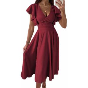 imagePRETTYGARDEN Summer Midi Dress 2026 Spring Ruffle Sleeve V Neck Cocktail Wedding Guest A Line Fit and Flared DressesWine Red