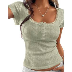 imagePRETTYGARDEN Summer Tops for Women 2026 Short Sleeve Lace Trim Slim Fitted Henley Tee Shirts Y2K Fashion ClothingSage Green
