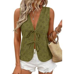 imagePRETTYGARDEN Women 2026 Summer Tie Front Eyelet Tank Tops Trendy Floral Vest Sleeveless V Neck Dressy Blouse Vacation OutfitsArmy Green