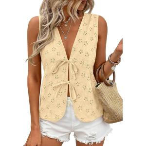 imagePRETTYGARDEN Women 2026 Summer Tie Front Eyelet Tank Tops Trendy Floral Vest Sleeveless V Neck Dressy Blouse Vacation OutfitsBeige Yellow