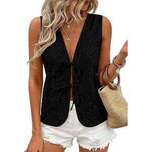 imagePRETTYGARDEN Women 2026 Summer Tie Front Eyelet Tank Tops Trendy Floral Vest Sleeveless V Neck Dressy Blouse Vacation OutfitsBlack