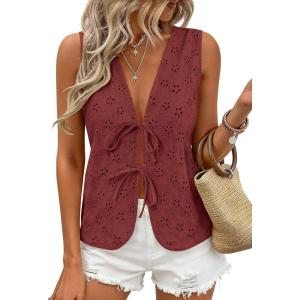 imagePRETTYGARDEN Women 2026 Summer Tie Front Eyelet Tank Tops Trendy Floral Vest Sleeveless V Neck Dressy Blouse Vacation OutfitsBrown Red