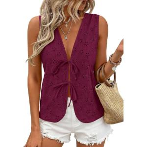 imagePRETTYGARDEN Women 2026 Summer Tie Front Eyelet Tank Tops Trendy Floral Vest Sleeveless V Neck Dressy Blouse Vacation OutfitsBurgundy