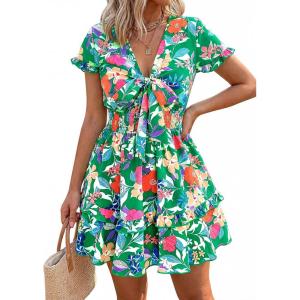 imagePRETTYGARDEN Women Summer Short Dress 2026 Casual V Neck Short Sleeve Tiered Bow Mini Sun Dresses Beach Vacation SundressFloral Green Orange