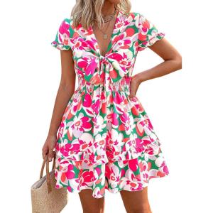 imagePRETTYGARDEN Women Summer Short Dress 2026 Casual V Neck Short Sleeve Tiered Bow Mini Sun Dresses Beach Vacation SundressFloral Green Pink