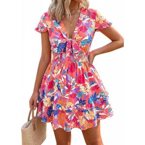 imagePRETTYGARDEN Women Summer Short Dress 2026 Casual V Neck Short Sleeve Tiered Bow Mini Sun Dresses Beach Vacation SundressFloral Pink Orange