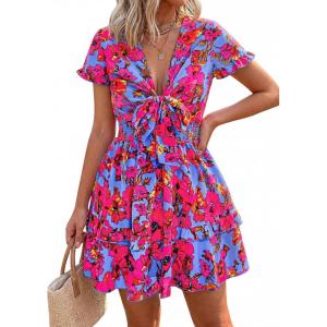 imagePRETTYGARDEN Women Summer Short Dress 2026 Casual V Neck Short Sleeve Tiered Bow Mini Sun Dresses Beach Vacation SundressFloral Rose Red