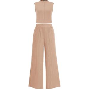 imagePRETTYGARDEN Womens 2 Piece Lounge Sets Ribbed Knit Tank Tops Wide Leg Pants Matching Outfits KhakiSmall