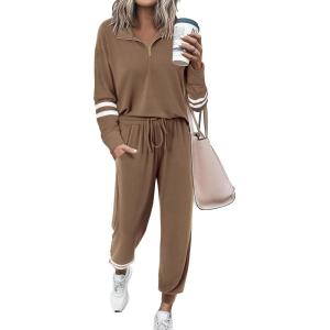imagePRETTYGARDEN Womens 2 Piece Outfits Fall Fashion 2024 Striped 14 Zip Pullover Tops Long Sweatpants Tracksuit Sets Dark KhakiMedium